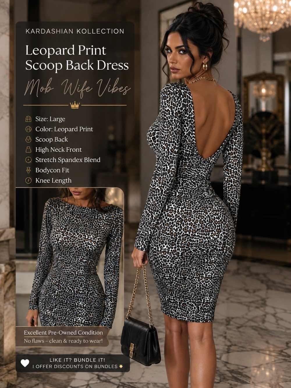 Kardashian Leopard Animal Print‎ Scoop Back Spandex Bodycon Dress Large
